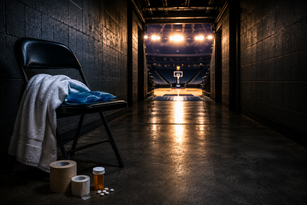 Basketball tunnel with recovery equipment and medication symbolizing the hidden physical sacrifices of professional athletes
