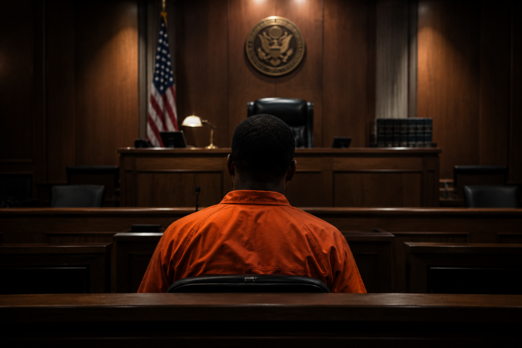 Empty courtroom chair and judge's gavel symbolizing a high-profile criminal case awaiting sentencing