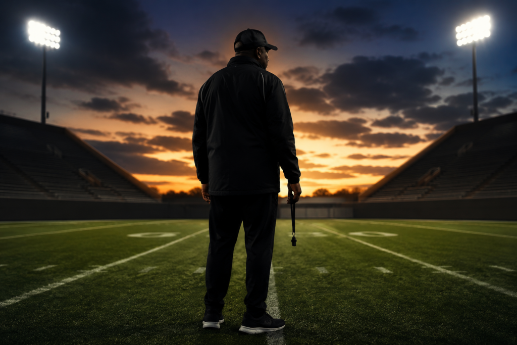 Black football coach standing alone on an empty stadium field at sunset while reflecting on a personal health battle