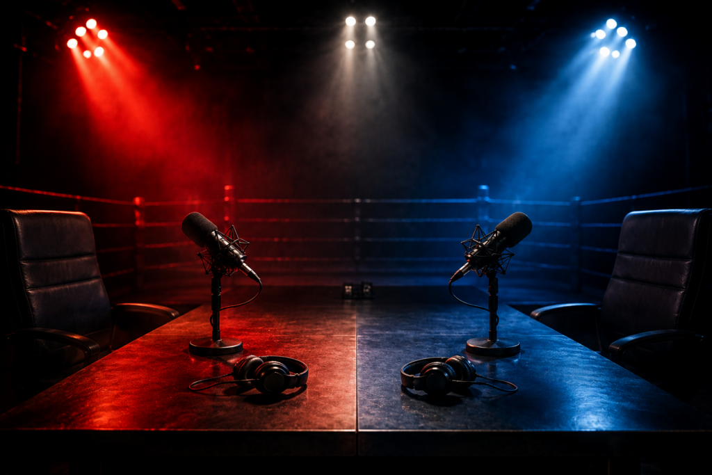 Two microphones facing each other in a podcast studio during a tense interview setting