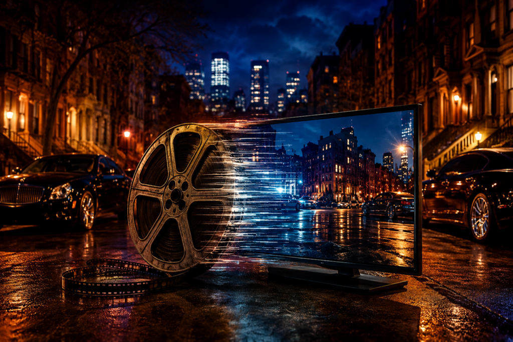 Film reel and television production equipment symbolizing a classic movie being adapted into a television series