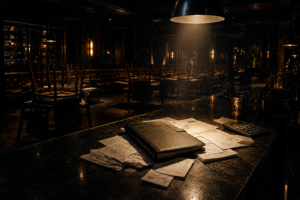Empty upscale restaurant dining room symbolizing financial and legal challenges facing a business