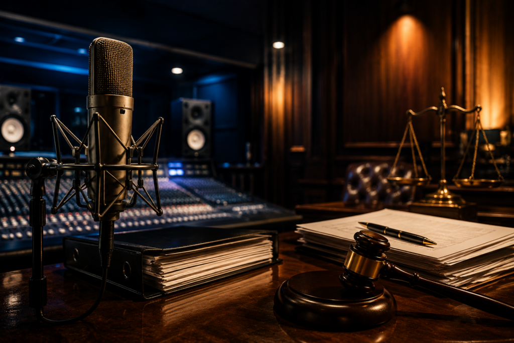Recording studio microphone beside legal documents representing a music industry lawsuit