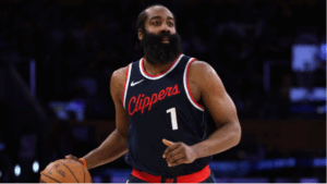 Mar 2, 2025; Los Angeles, California, USA; LA Clippers guard James Harden (1) dribbles during the third quarter against the Los Angeles Lakersat Crypto.com Arena. Mandatory Credit: Jason Parkhurst-Imagn Images