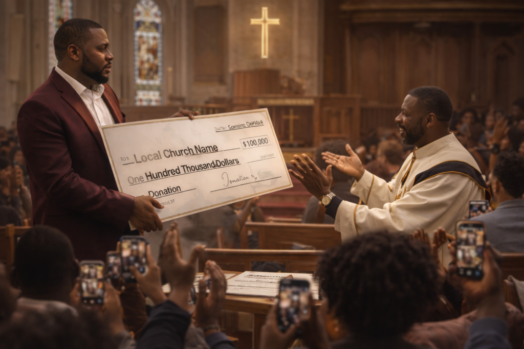 Black man presenting a large donation check to a pastor inside a church sanctuary