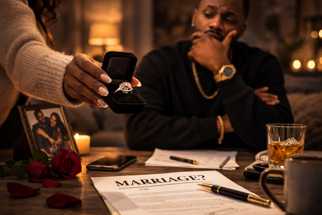 Couple sitting at a table as a woman holds an engagement ring box while the man gestures during a serious conversation
