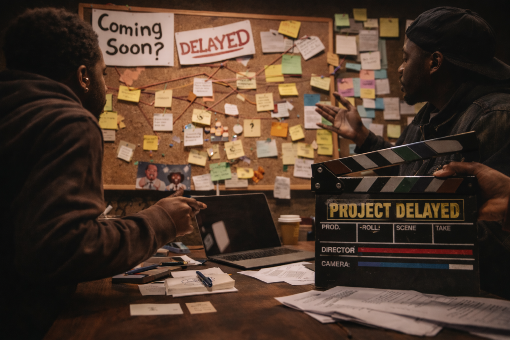 Two Black creatives brainstorming a film project in a studio workspace with a production board and clapperboard
