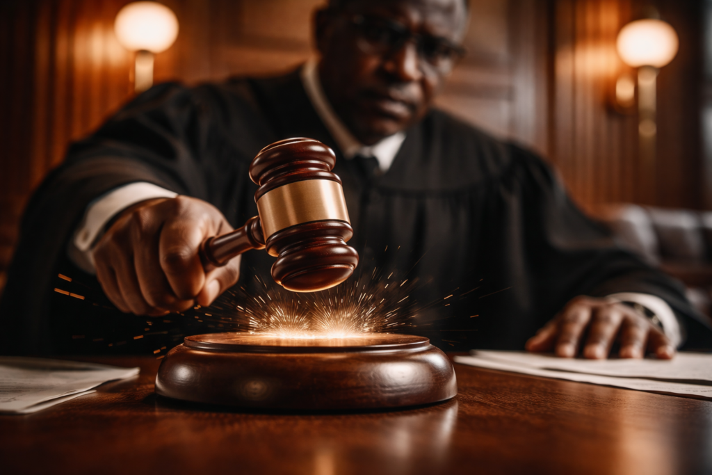 Judge striking a gavel in a courtroom during a legal ruling