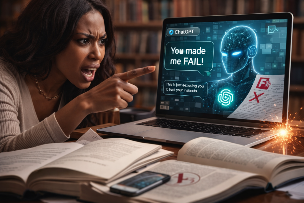 Woman studying law books while reacting to an AI chatbot on her laptop screen