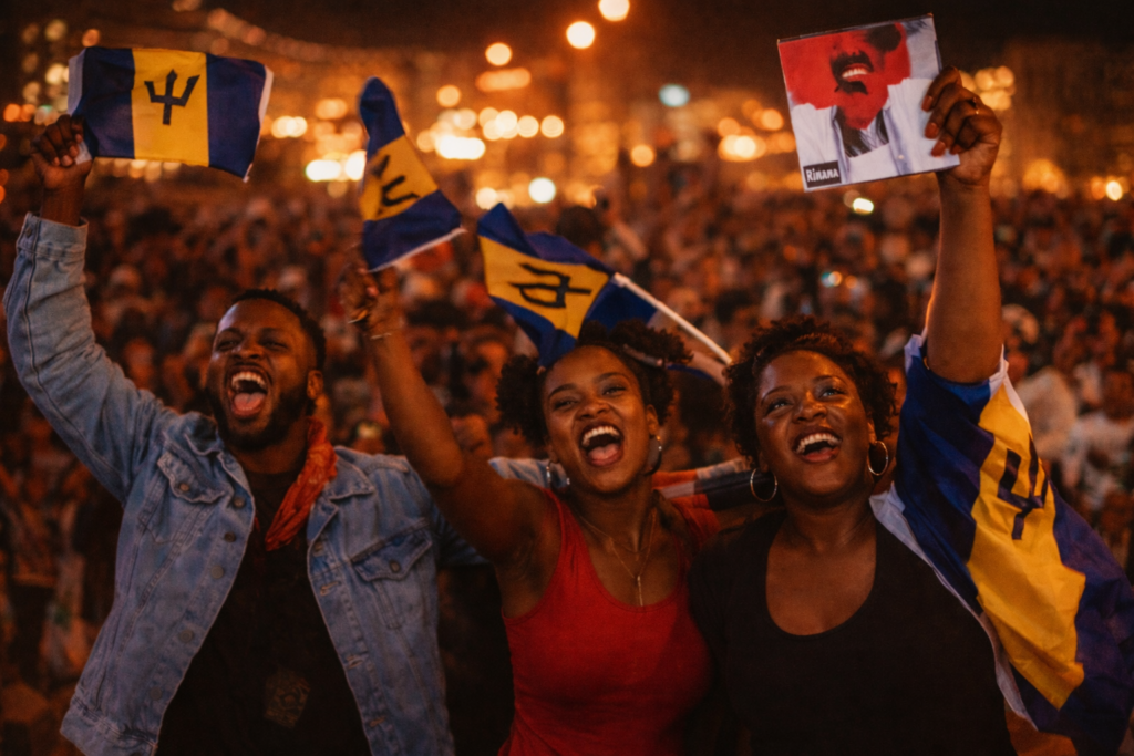 Group of Black music fans celebrating at night with flags and raised hands in a city crowd