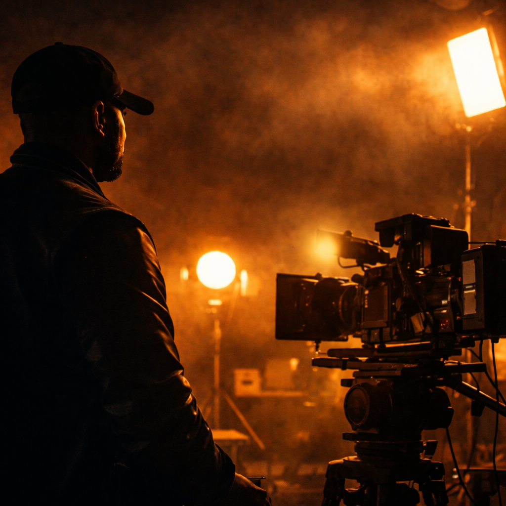 Cinematic image of a Black film producer standing on a movie set with professional camera equipment and dramatic studio lighting.