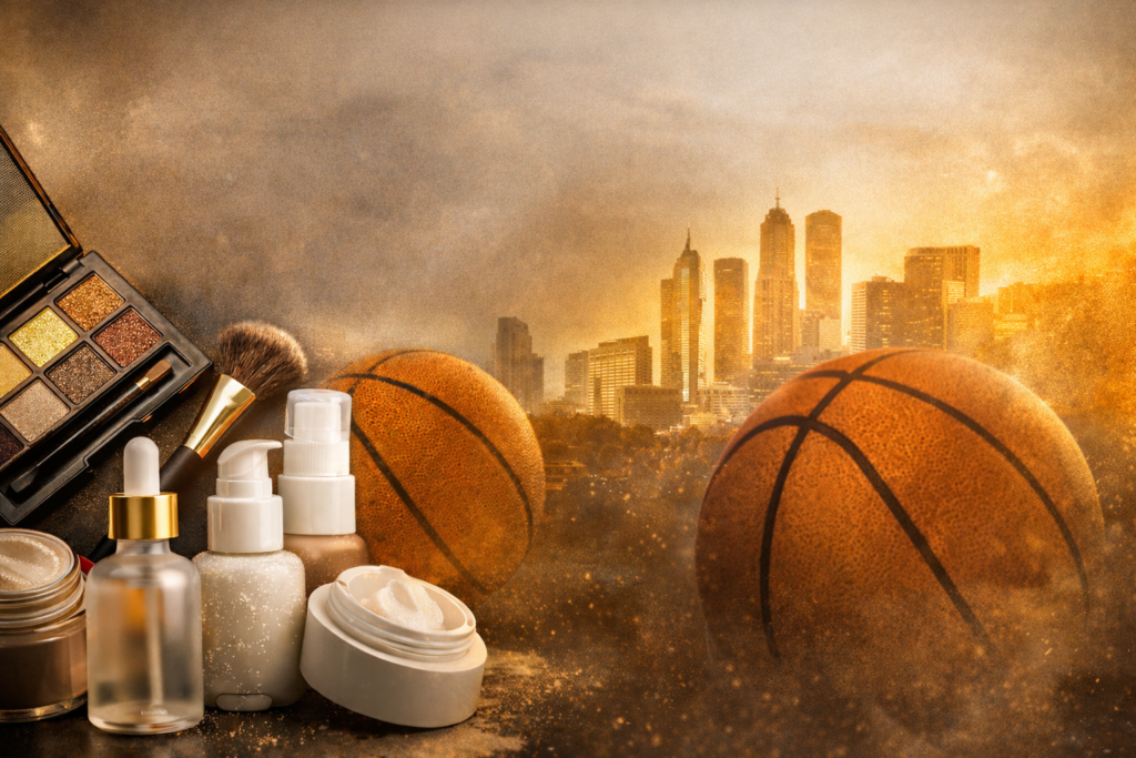 Basketball and luxury skincare products arranged against a glowing city skyline, symbolizing the connection between women’s sports and the beauty industry.