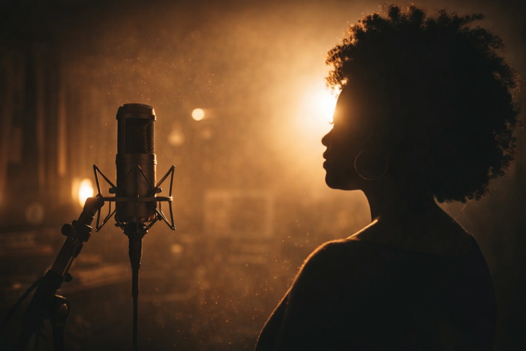 Silhouette of a Black woman singing into a vintage microphone in a warmly lit recording studio
