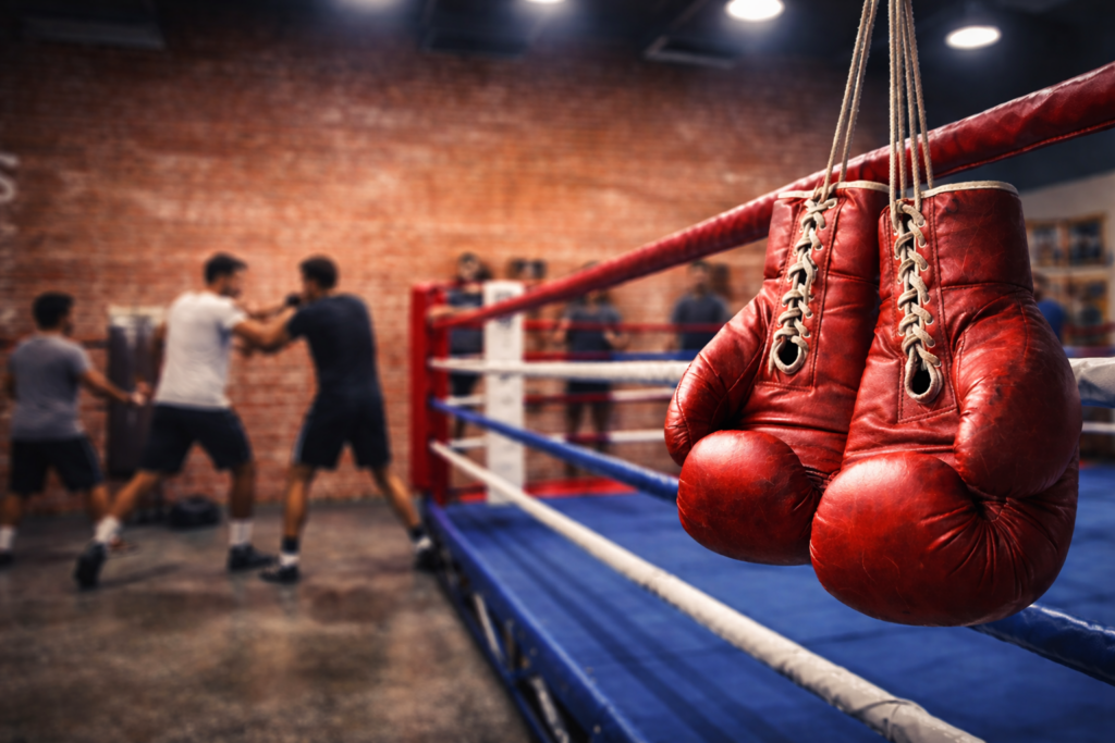 Red boxing gloves hanging on a ring rope while young athletes train inside a boxing gym.