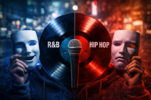 Conceptual image showing a split vinyl record labeled R&B and Hip Hop with a microphone and theatrical masks representing identity and authenticity in music