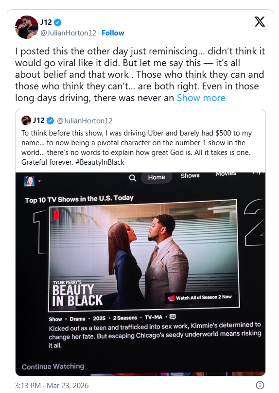 Social media post showing actor reflecting on driving Uber before starring in a top Netflix series