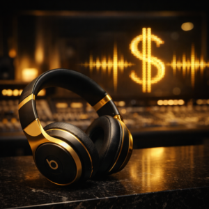Luxury headphones in a recording studio representing Dr. Dre’s rise to billionaire status through music and business.