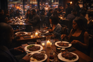 Guests enjoying steak dinners in an upscale restaurant with warm candle lighting and city skyline views