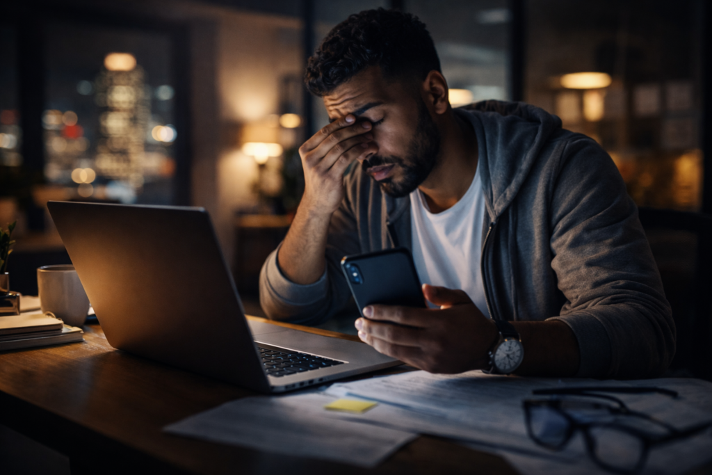 Young professional working late at night checking his phone and laptop, showing work stress and burnout