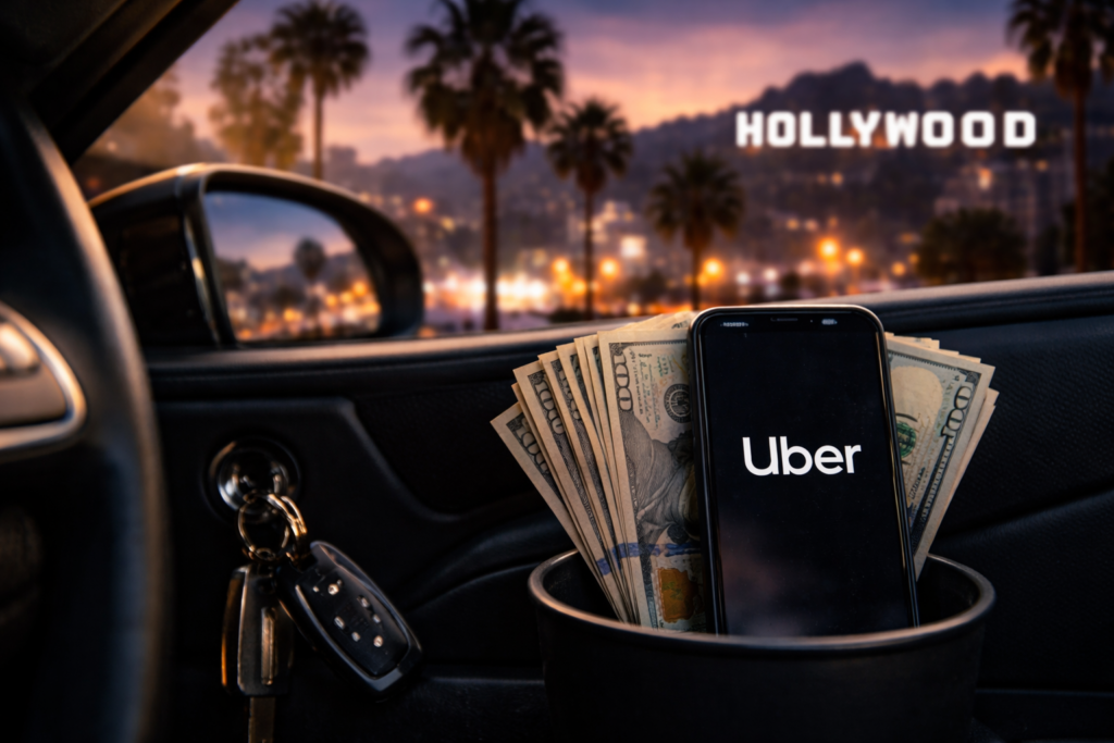 Uber driver setup inside a car with phone and cash, overlooking Hollywood hills at sunset