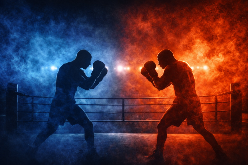 Silhouettes of two boxers facing off inside a boxing ring under dramatic blue and red lighting