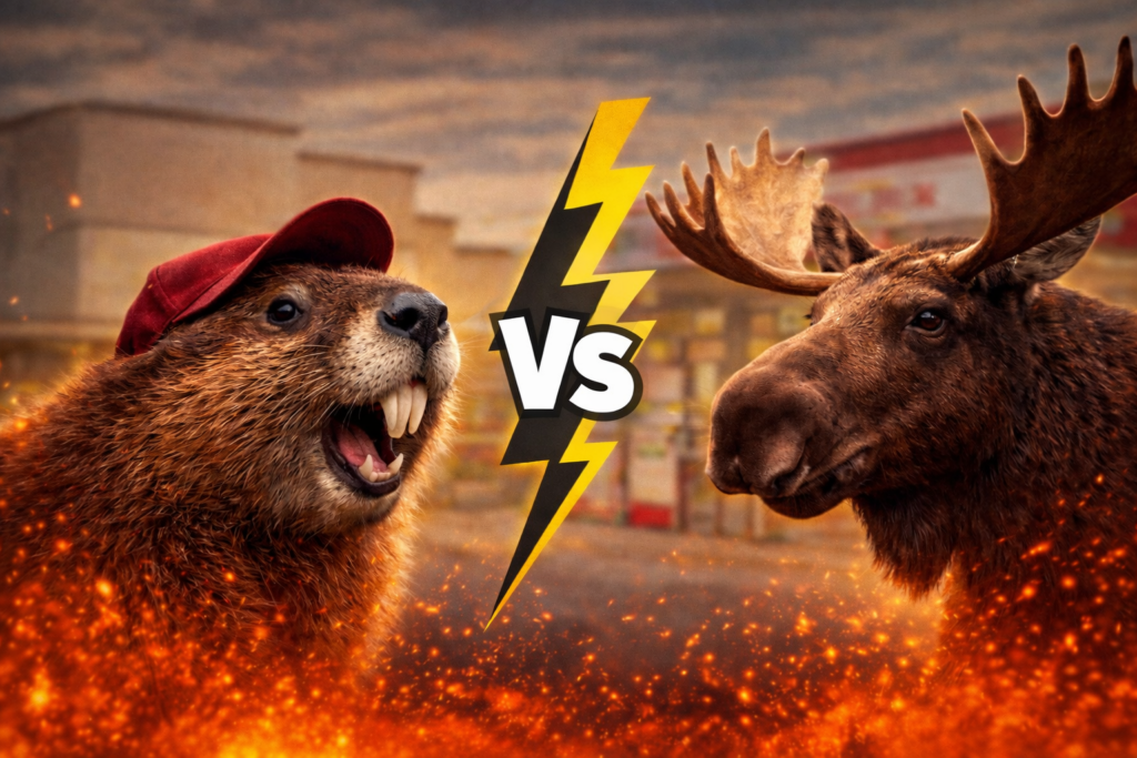 Beaver and moose facing off in front of a gas station to represent a trademark dispute between convenience store chains