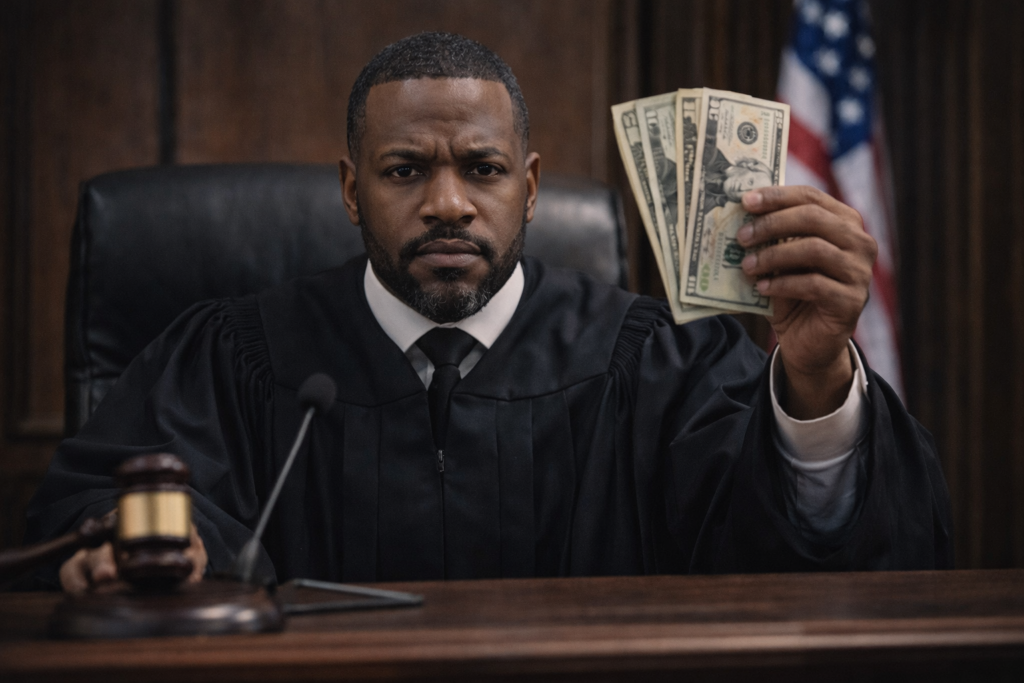 Judge in courtroom holding small amount of cash representing a symbolic legal payout