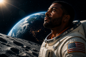 Black male astronaut looking toward Earth while standing on the moon