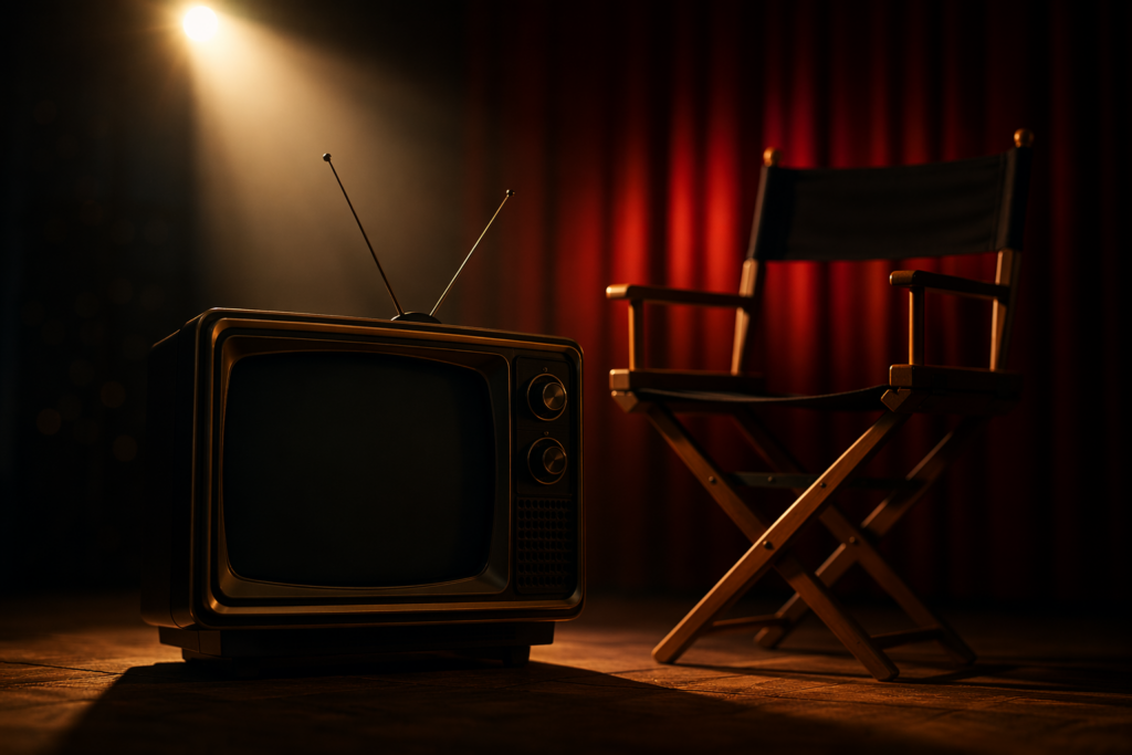 Vintage television and empty director’s chair on a dimly lit stage with red curtains, symbolizing a potential return to classic sketch comedy