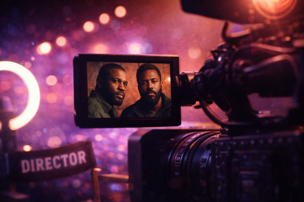 Two Black actors on a camera screen during a film shoot with studio lighting and production equipment