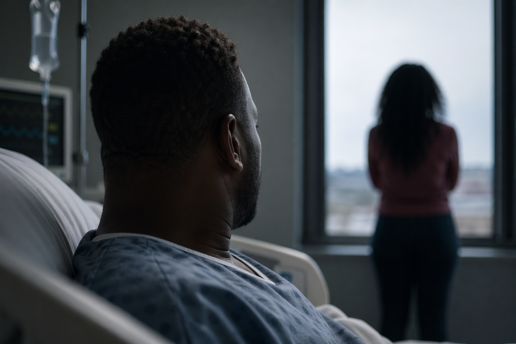Man in hospital bed looking toward woman by window during emotional relationship moment