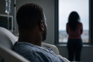 Man in hospital bed looking toward woman by window during emotional relationship moment