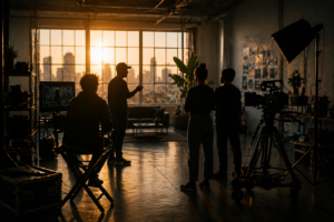 Silhouetted film crew working in a studio at sunset, representing independent media production and creative control