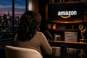 Woman seen from behind recording a podcast in a modern studio with Amazon displayed on screen