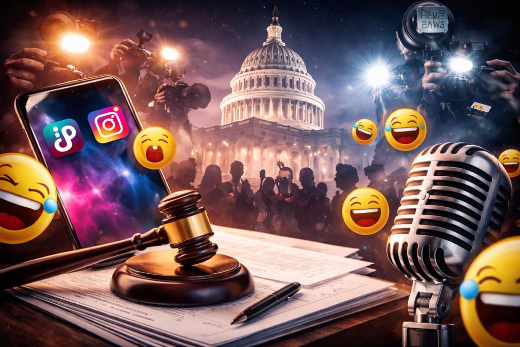 Symbolic image showing a judge’s gavel, smartphone with social media apps, and a microphone in front of a government building, representing the intersection of viral comedy, law, and politics