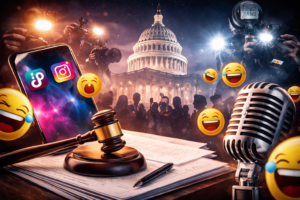 Symbolic image showing a judge’s gavel, smartphone with social media apps, and a microphone in front of a government building, representing the intersection of viral comedy, law, and politics