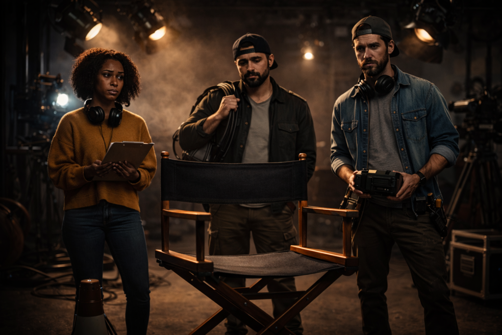 Film crew standing in a dim television studio looking at an empty director’s chair, symbolizing a canceled production