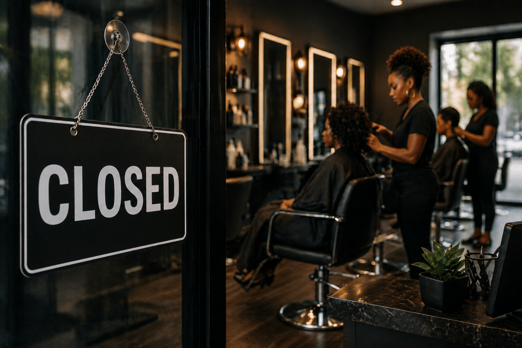 Modern hair salon interior with stylists working and a closed sign on the door