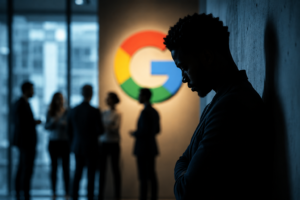 Silhouetted employee in a corporate office with coworkers in the background, representing workplace discrimination and diversity concerns in Big Tech