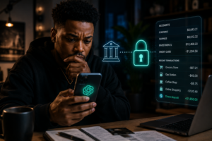 Black man reviewing financial data on his phone with AI banking interface, illustrating concerns about ChatGPT accessing personal bank information