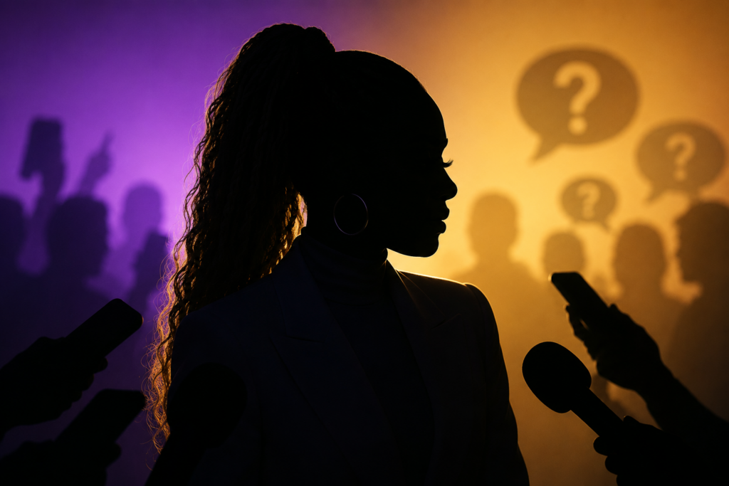 Silhouette of a woman surrounded by microphones and social media scrutiny, representing public controversy and credential backlash