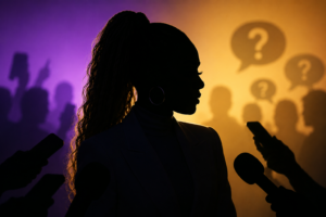 Silhouette of a woman surrounded by microphones and social media scrutiny, representing public controversy and credential backlash