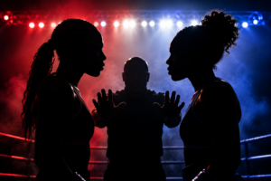 Illustrated female boxing rivals facing off during a tense confrontation at a boxing event.