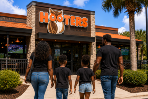 Black family walking toward a Hooters restaurant as the chain pushes a new family-friendly image.