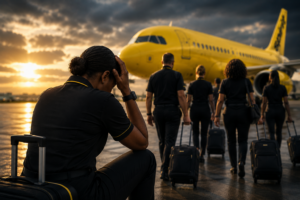 Former airline employees stand near a yellow passenger plane as one worker sits emotionally on the airport tarmac during sunset