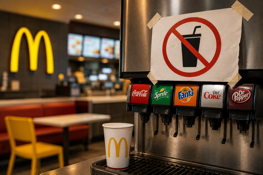 Self-serve soda machine inside a McDonald’s restaurant with a warning sign showing drinks are no longer self-serve