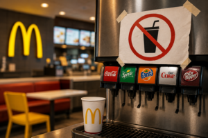 Self-serve soda machine inside a McDonald’s restaurant with a warning sign showing drinks are no longer self-serve